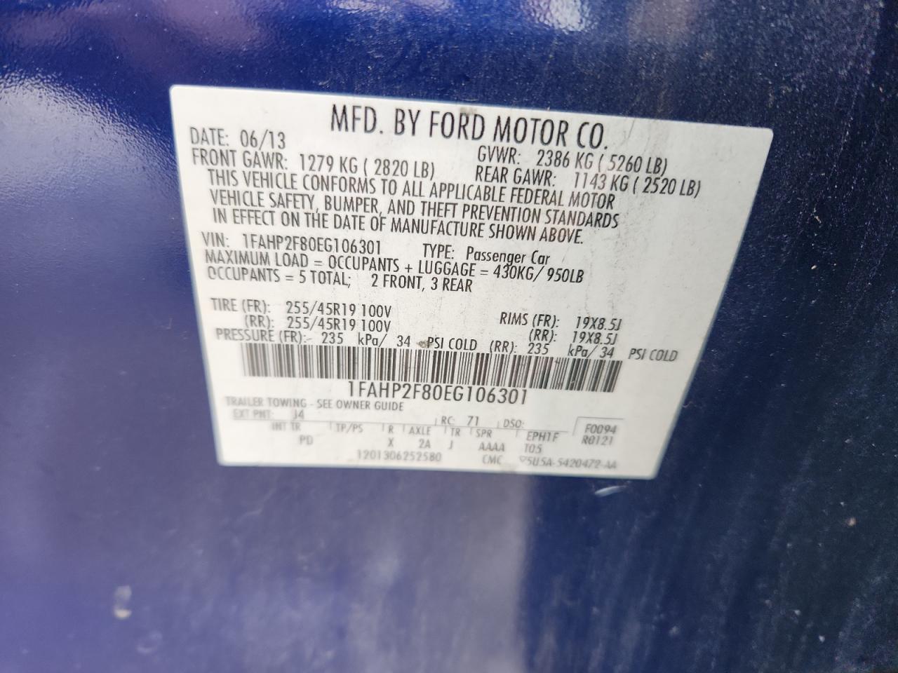 2014 Ford Taurus Limited VIN: 1FAHP2F80EG106301 Lot: 90673425