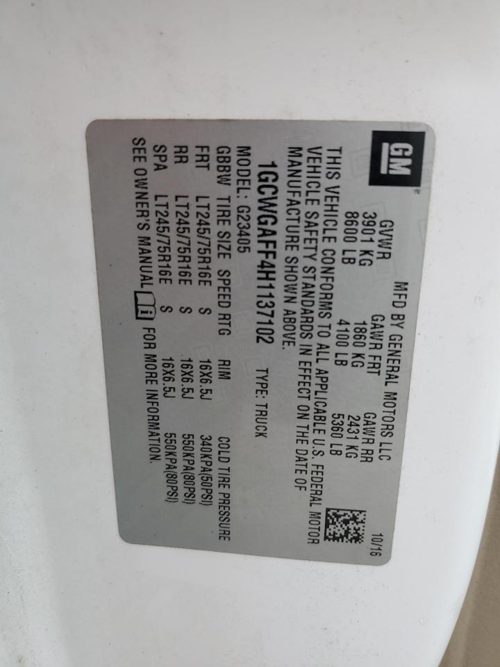 2017 Chevrolet Express G2500 VIN: 1GCWGAFF4H1137102 Lot: 86283605