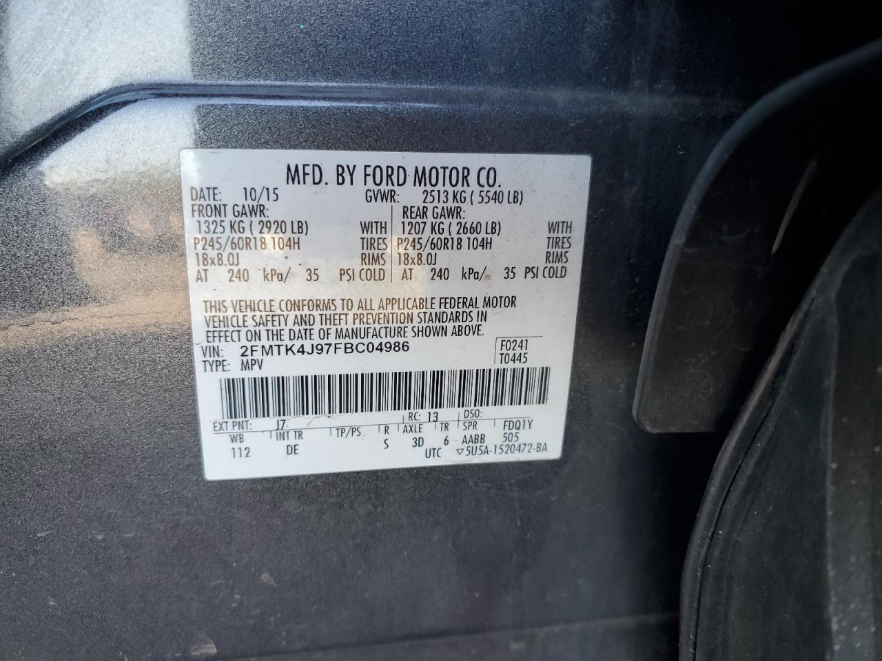 2015 Ford Edge Sel VIN: 2FMTK4J97FBC04986 Lot: 84729775