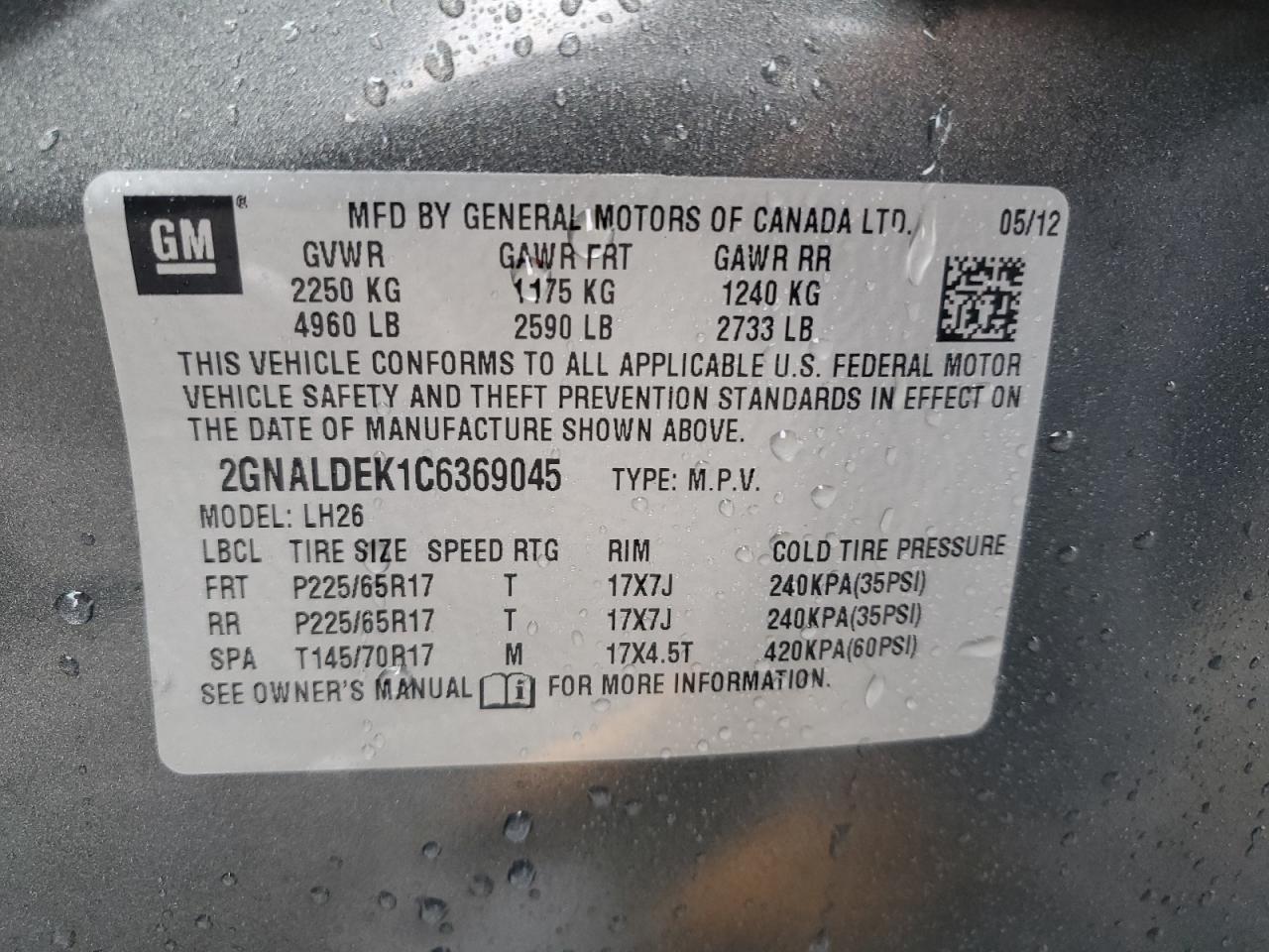 2012 Chevrolet Equinox Lt VIN: 2GNALDEK1C6369045 Lot: 86459805