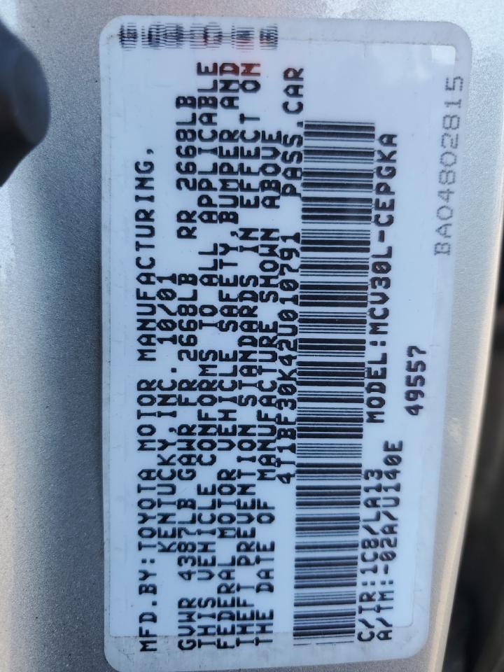 2002 Toyota Camry Le VIN: 4T1BF30K42U010791 Lot: 85847715