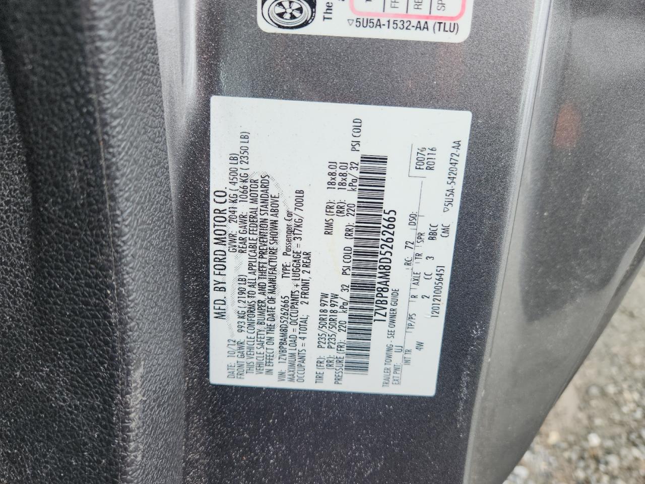 2013 Ford Mustang VIN: 1ZVBP8AM8D5262665 Lot: 85703785