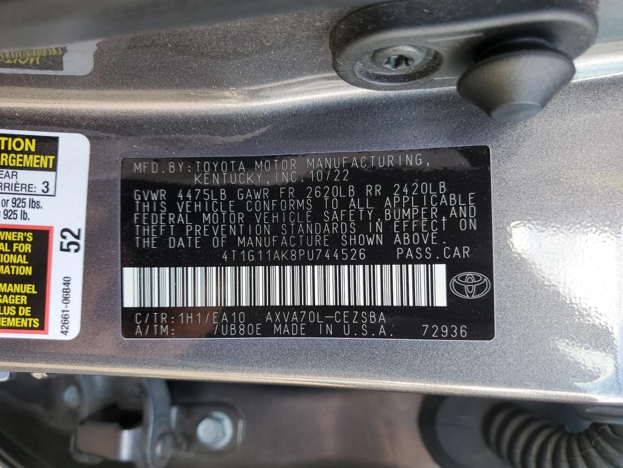 2023 Toyota Camry Se Night Shade VIN: 4T1G11AK8PU744526 Lot: 82362485