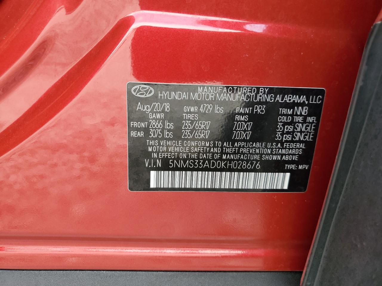 2019 Hyundai Santa Fe Sel VIN: 5NMS33AD0KH028676 Lot: 85543125