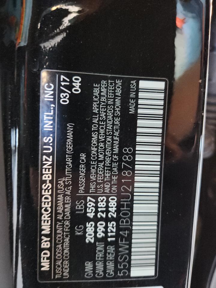 2017 Mercedes-Benz C 300 VIN: 55SWF4JB0HU218788 Lot: 87099775