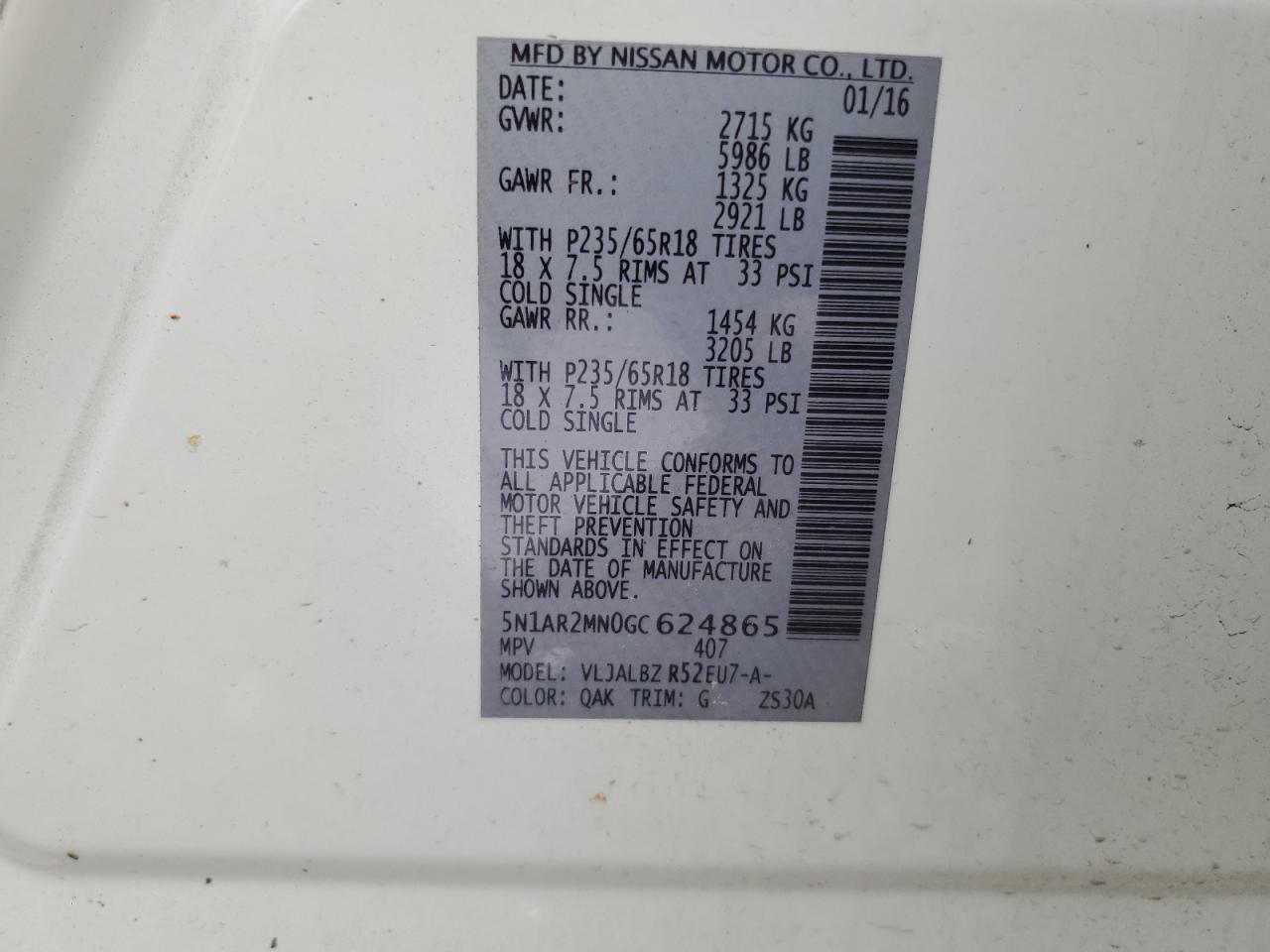 2016 Nissan Pathfinder S VIN: 5N1AR2MN0GC624865 Lot: 85193765