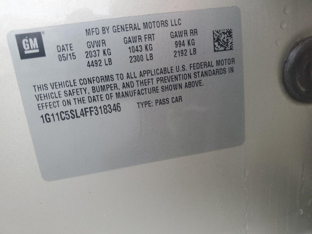 2015 Chevrolet Malibu 1Lt VIN: 1G11C5SL4FF318346 Lot: 85533885