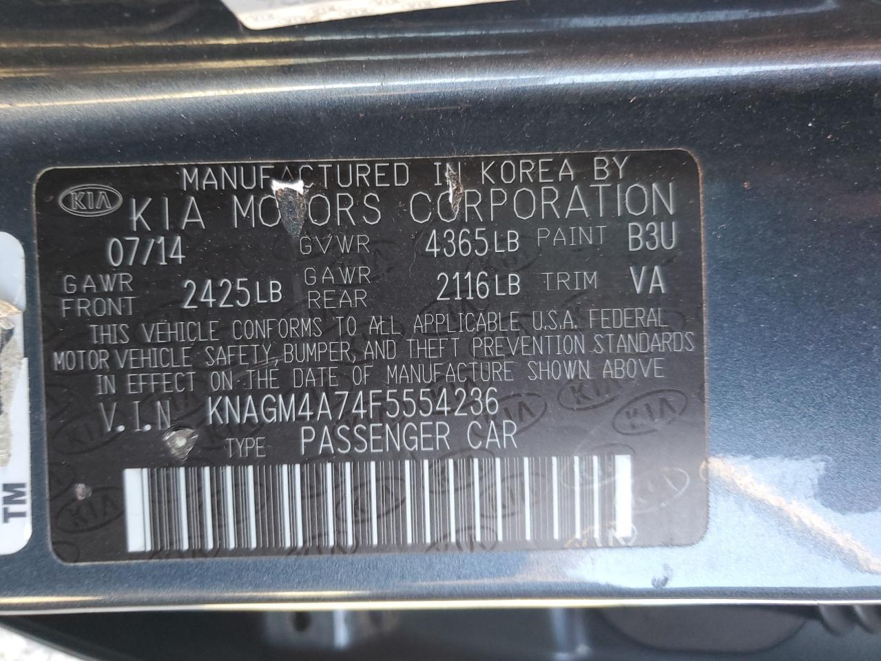 2015 Kia Optima Lx VIN: KNAGM4A74F5554236 Lot: 82179495