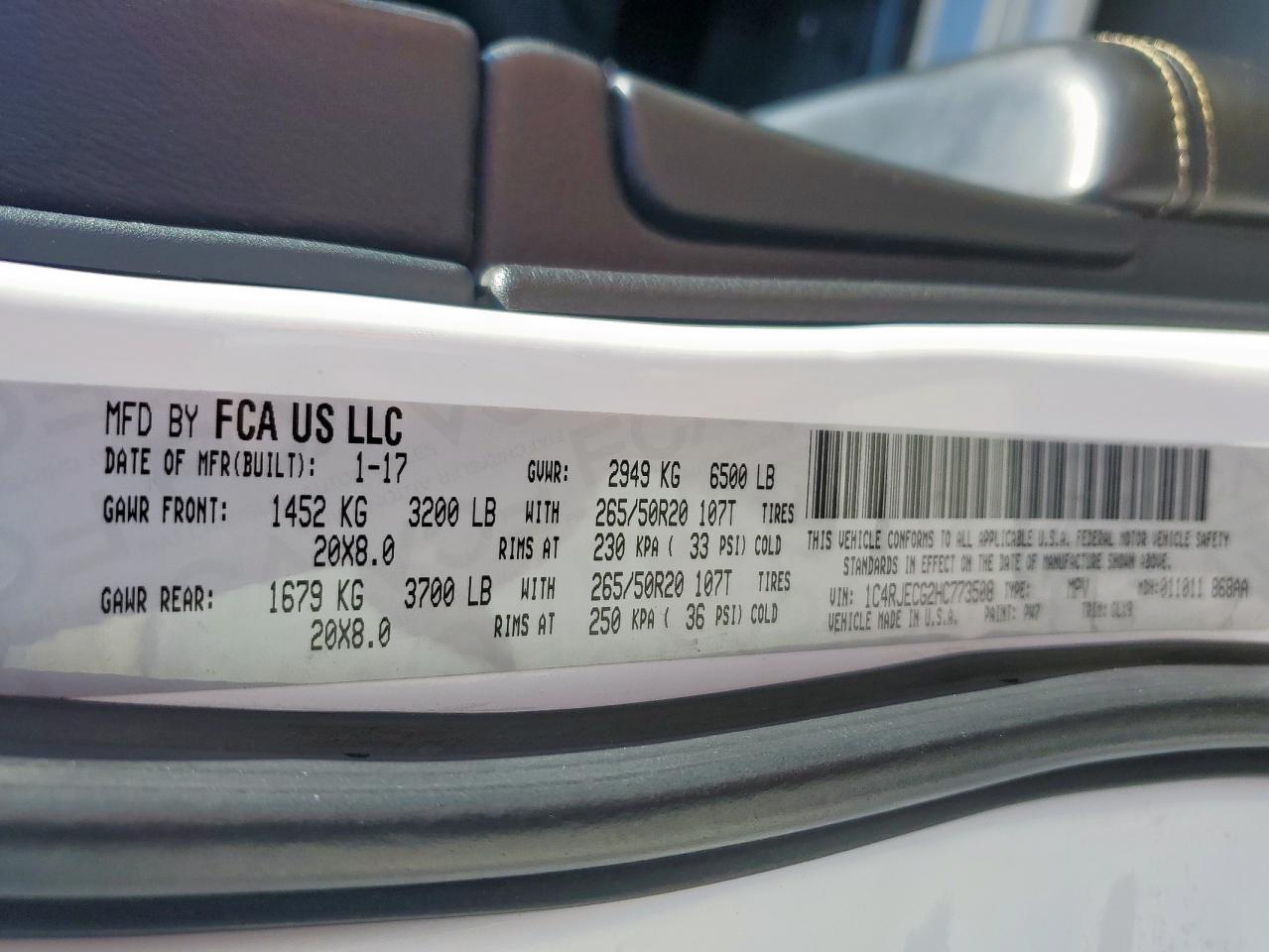 2017 Jeep Grand Cherokee Overland VIN: 1C4RJECG2HC773508 Lot: 82380205