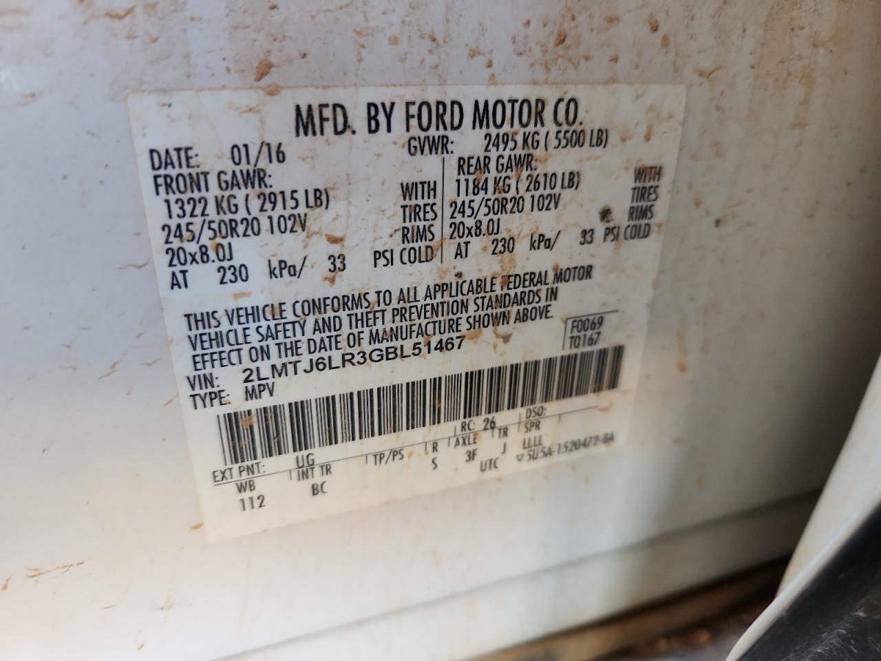 2016 Lincoln Mkx Reserve VIN: 2LMTJ6LR3GBL51467 Lot: 82184805