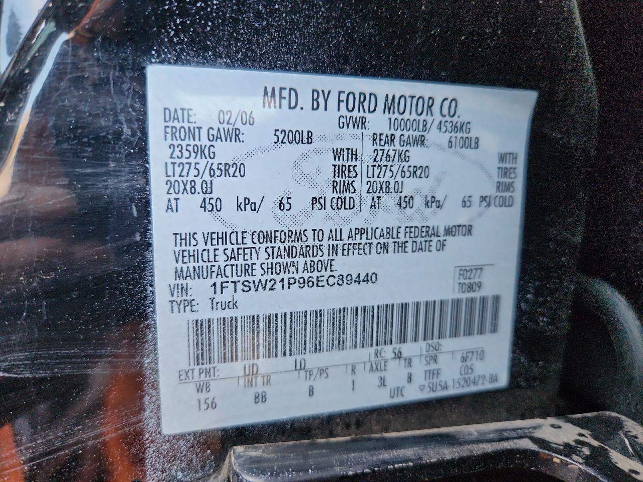 2006 Ford F250 Super Duty VIN: 1FTSW21P96EC89440 Lot: 85192365