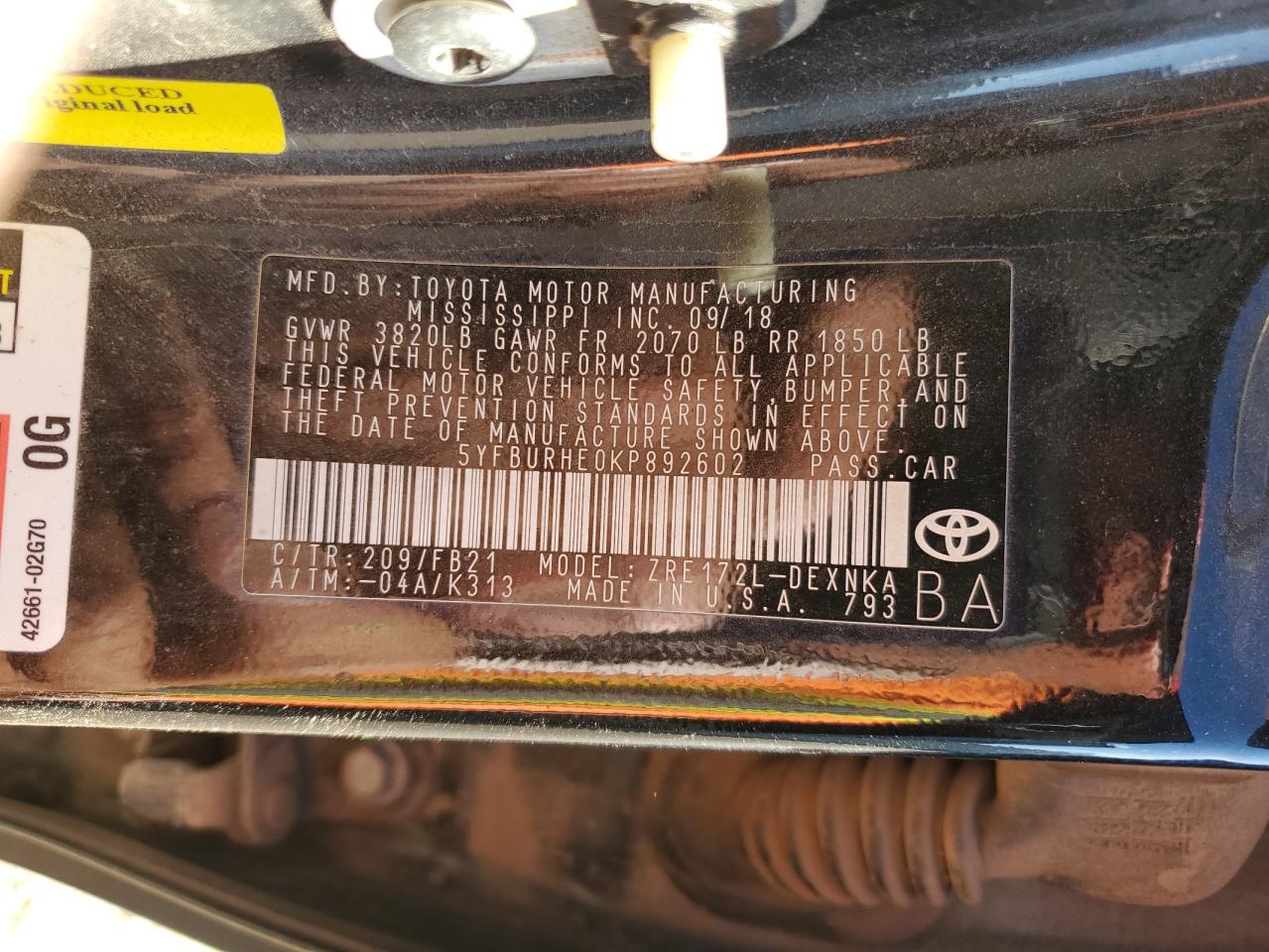 2019 Toyota Corolla L VIN: 5YFBURHE0KP892602 Lot: 85552845