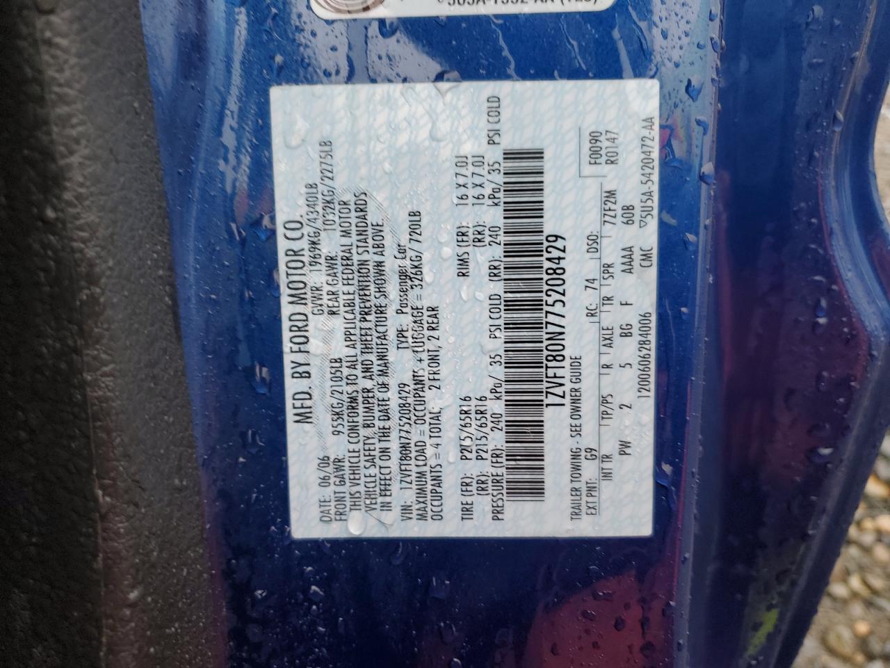 2007 Ford Mustang VIN: 1ZVFT80N775208429 Lot: 86252255
