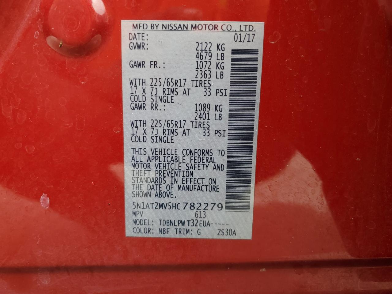 2017 Nissan Rogue Sv VIN: 5N1AT2MV5HC782279 Lot: 85120675