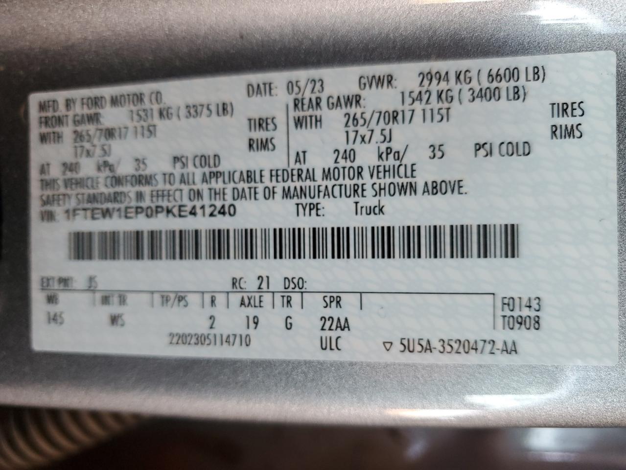 2023 Ford F150 Supercrew VIN: 1FTEW1EP0PKE41240 Lot: 87468655