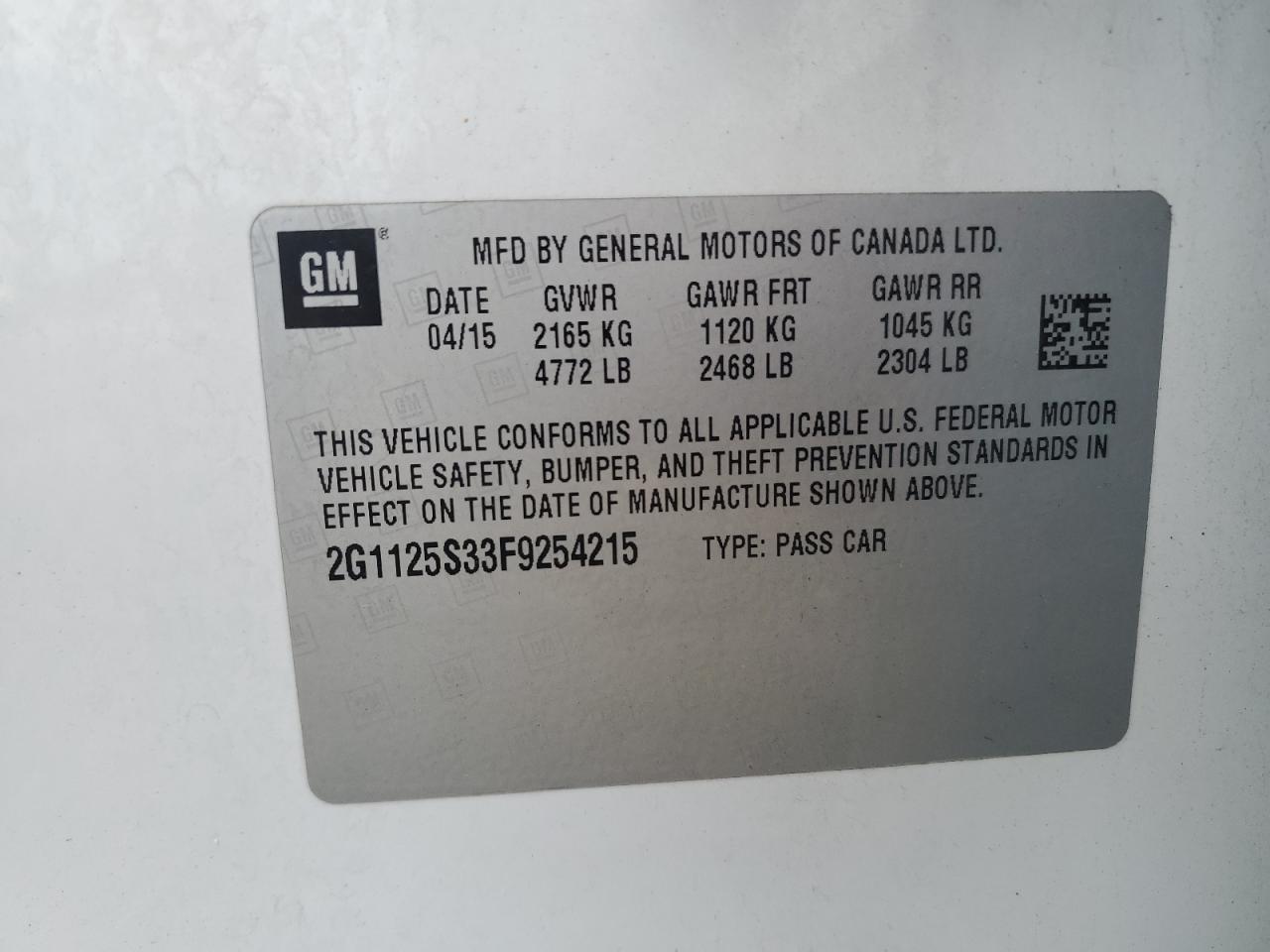 2015 Chevrolet Impala Lt VIN: 2G1125S33F9254215 Lot: 82388555