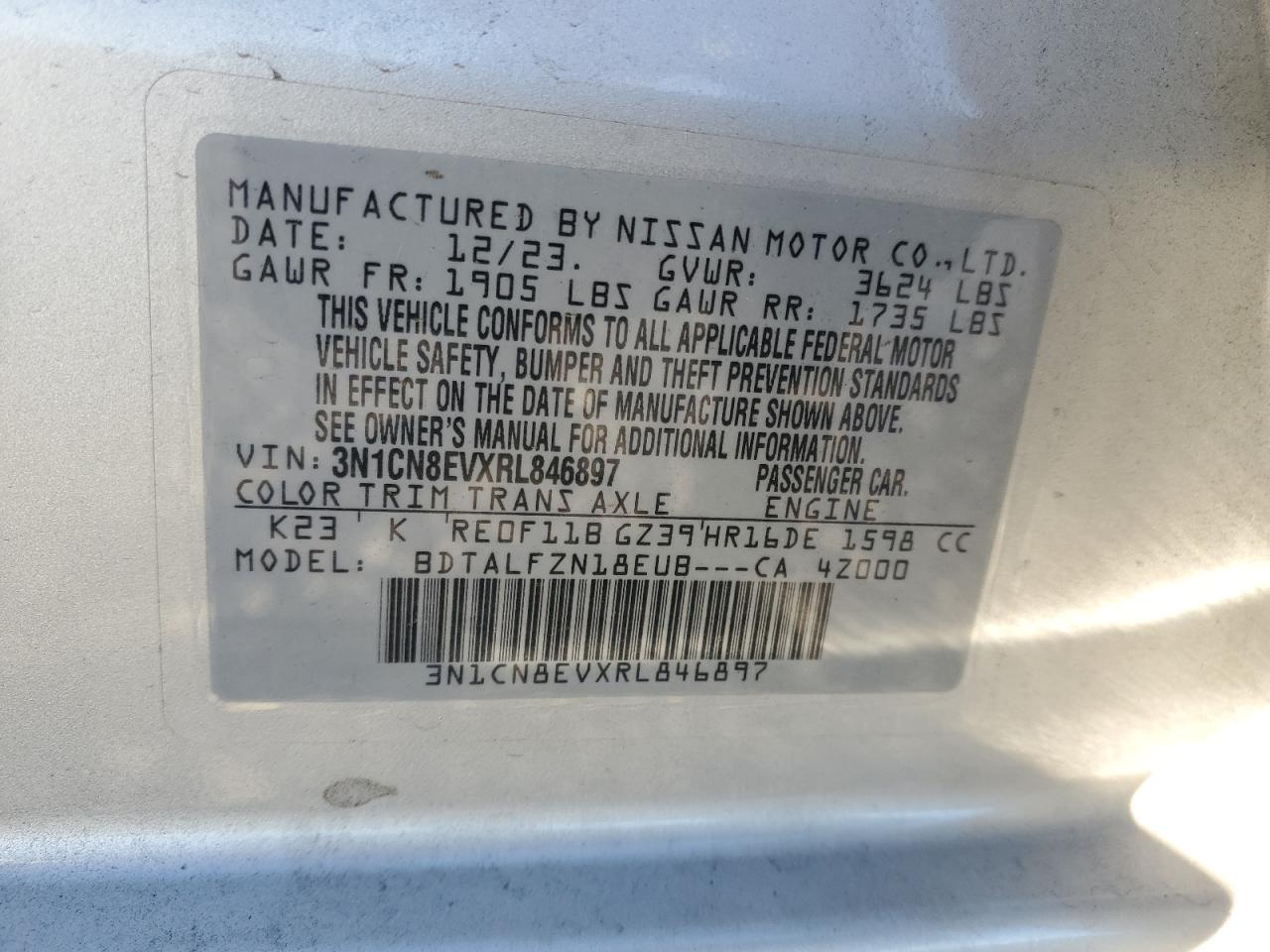 2024 Nissan Versa Sv VIN: 3N1CN8EVXRL846897 Lot: 85882575