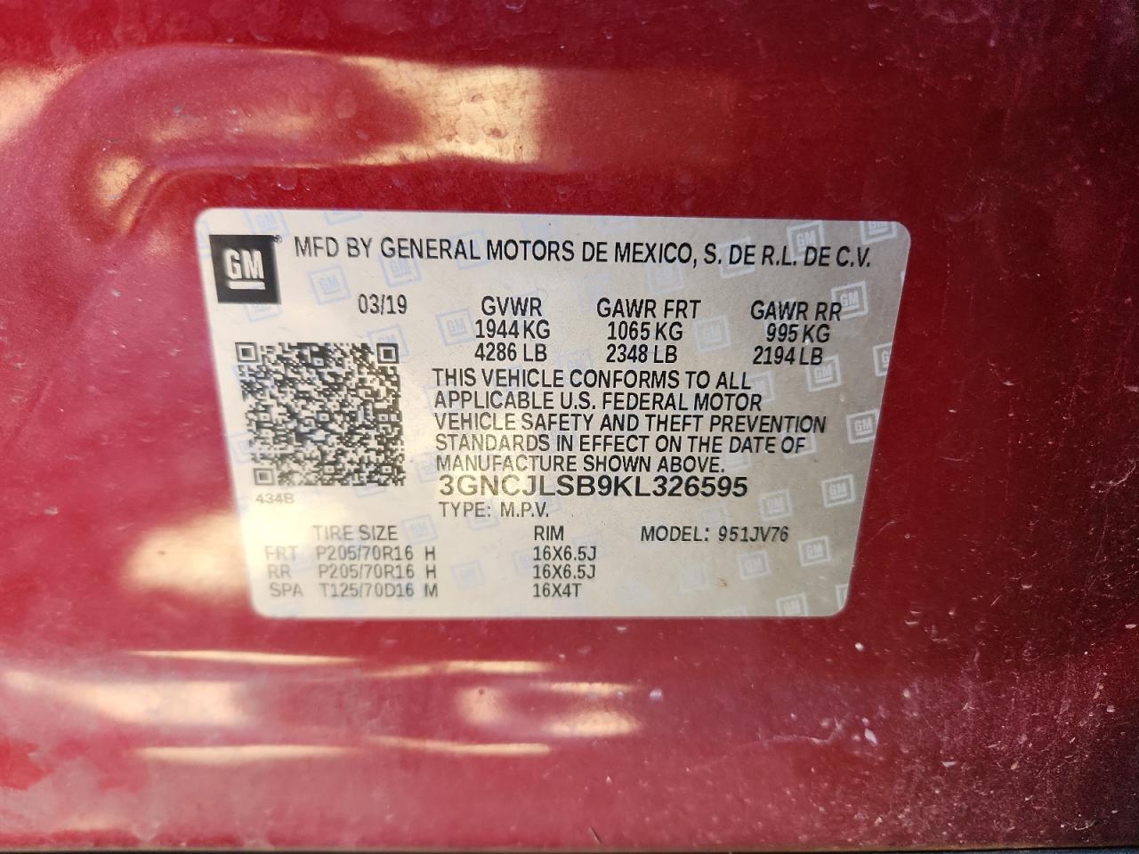 2019 Chevrolet Trax 1Lt VIN: 3GNCJLSB9KL326595 Lot: 91022565