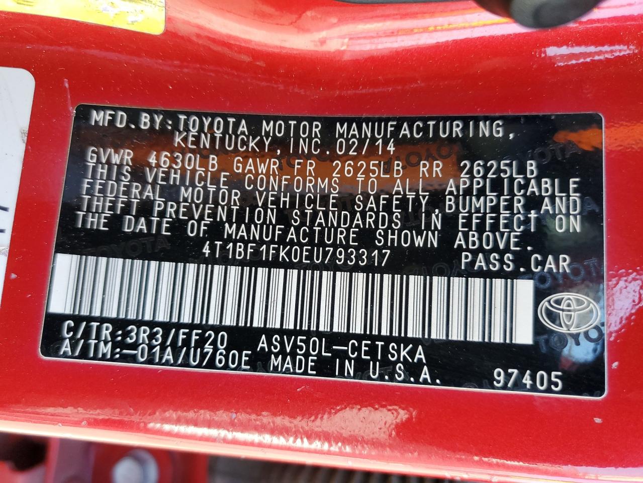 2014 Toyota Camry L VIN: 4T1BF1FK0EU793317 Lot: 84984635