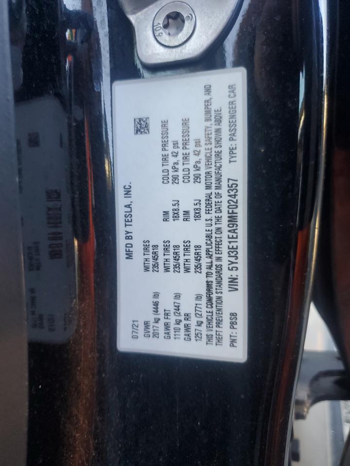 2021 Tesla Model 3 VIN: 5YJ3E1EA9MF024357 Lot: 89640745