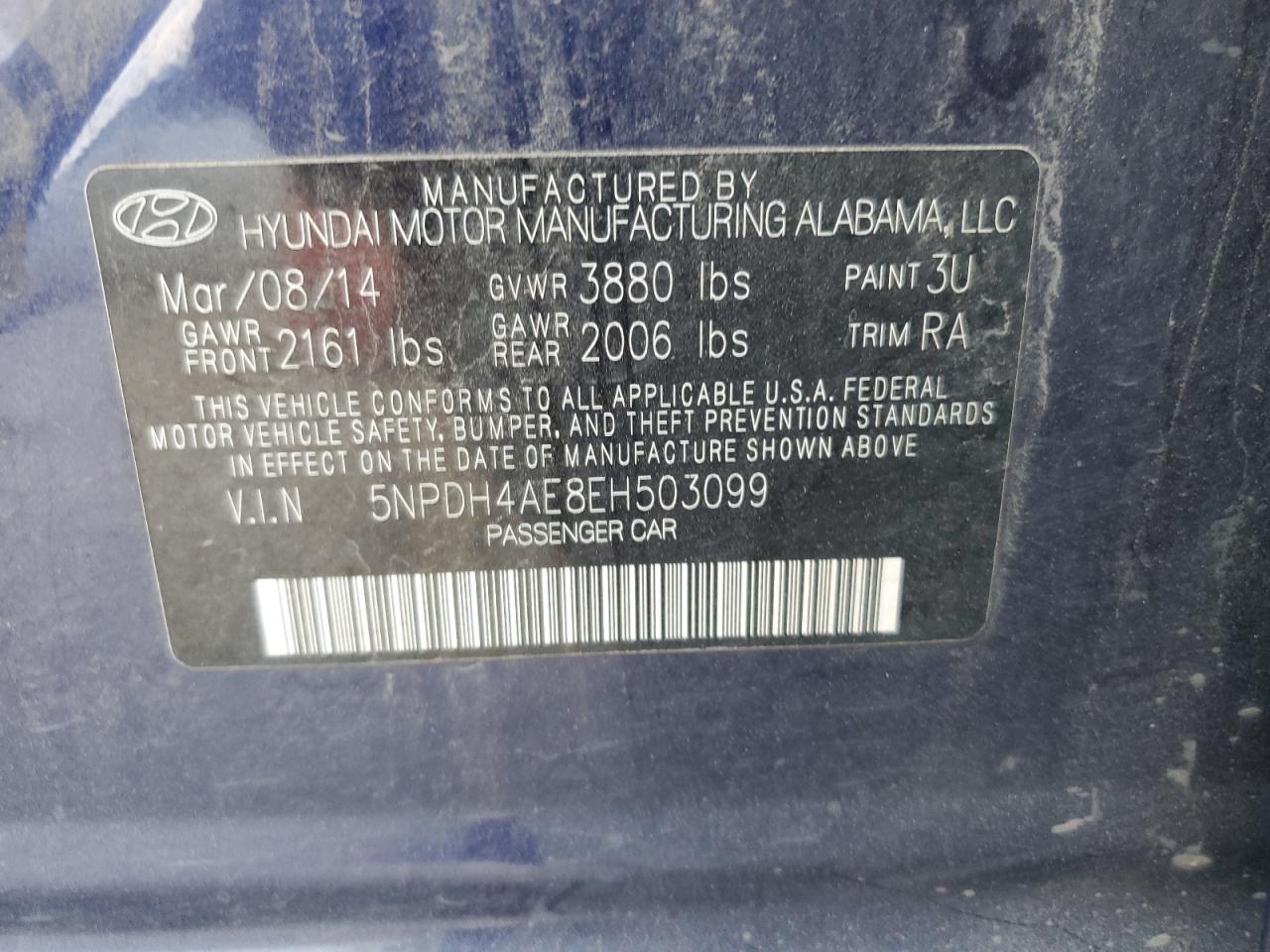 2014 Hyundai Elantra Se VIN: 5NPDH4AE8EH503099 Lot: 86536255