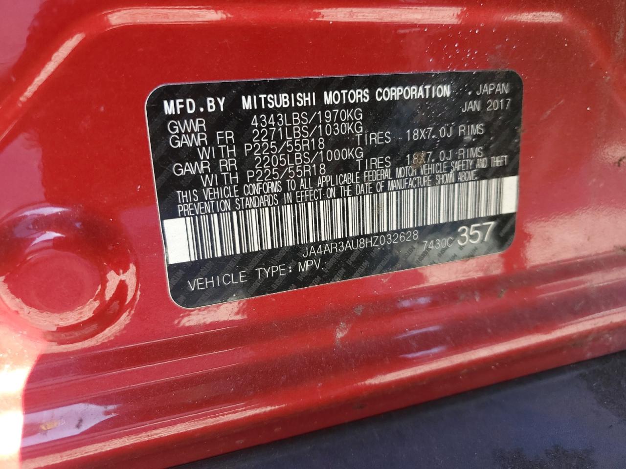2017 Mitsubishi Outlander Sport Es VIN: JA4AR3AU8HZ032628 Lot: 84834615