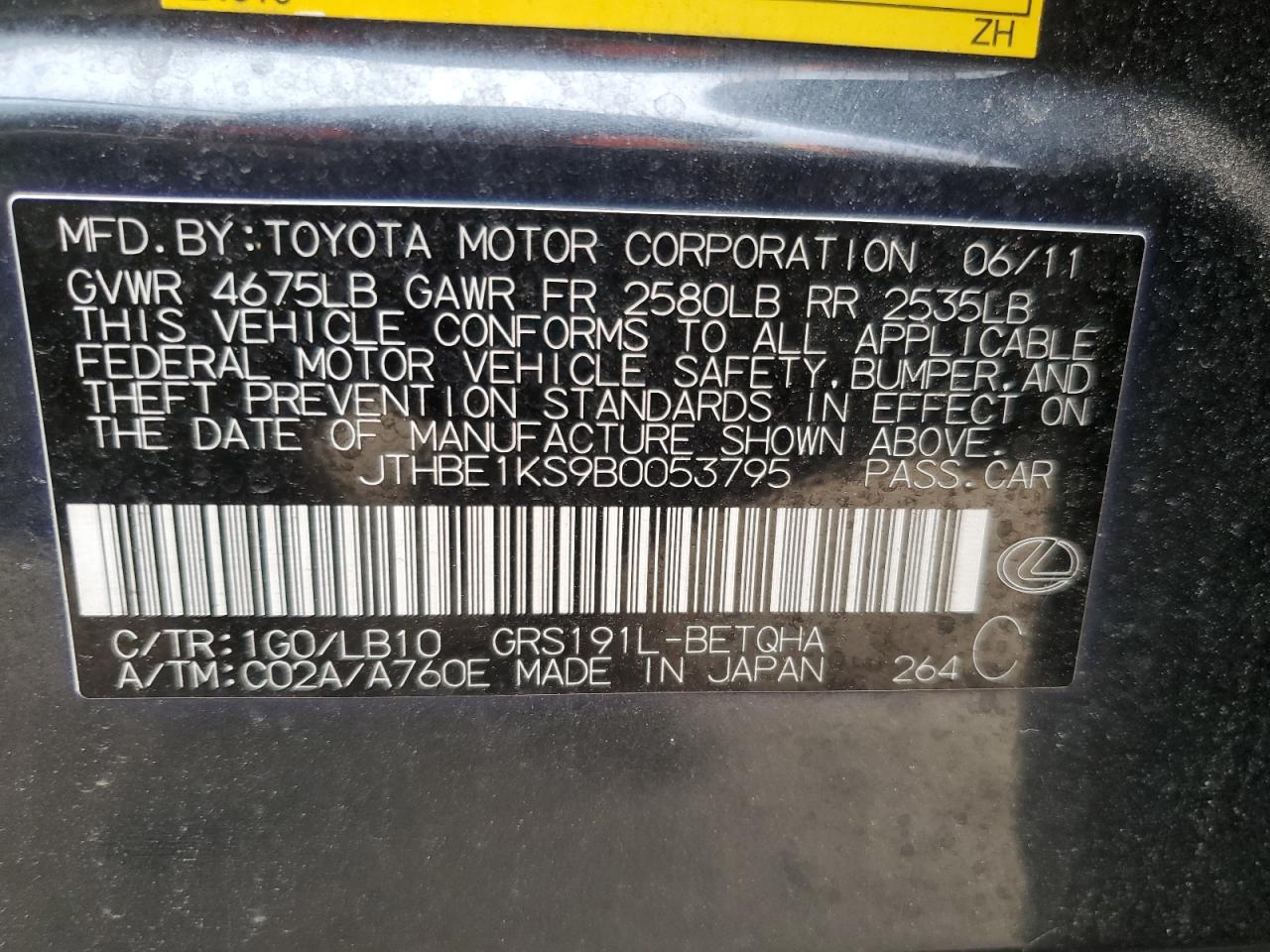 2011 Lexus Gs 350 VIN: JTHBE1KS9B0053795 Lot: 82622915