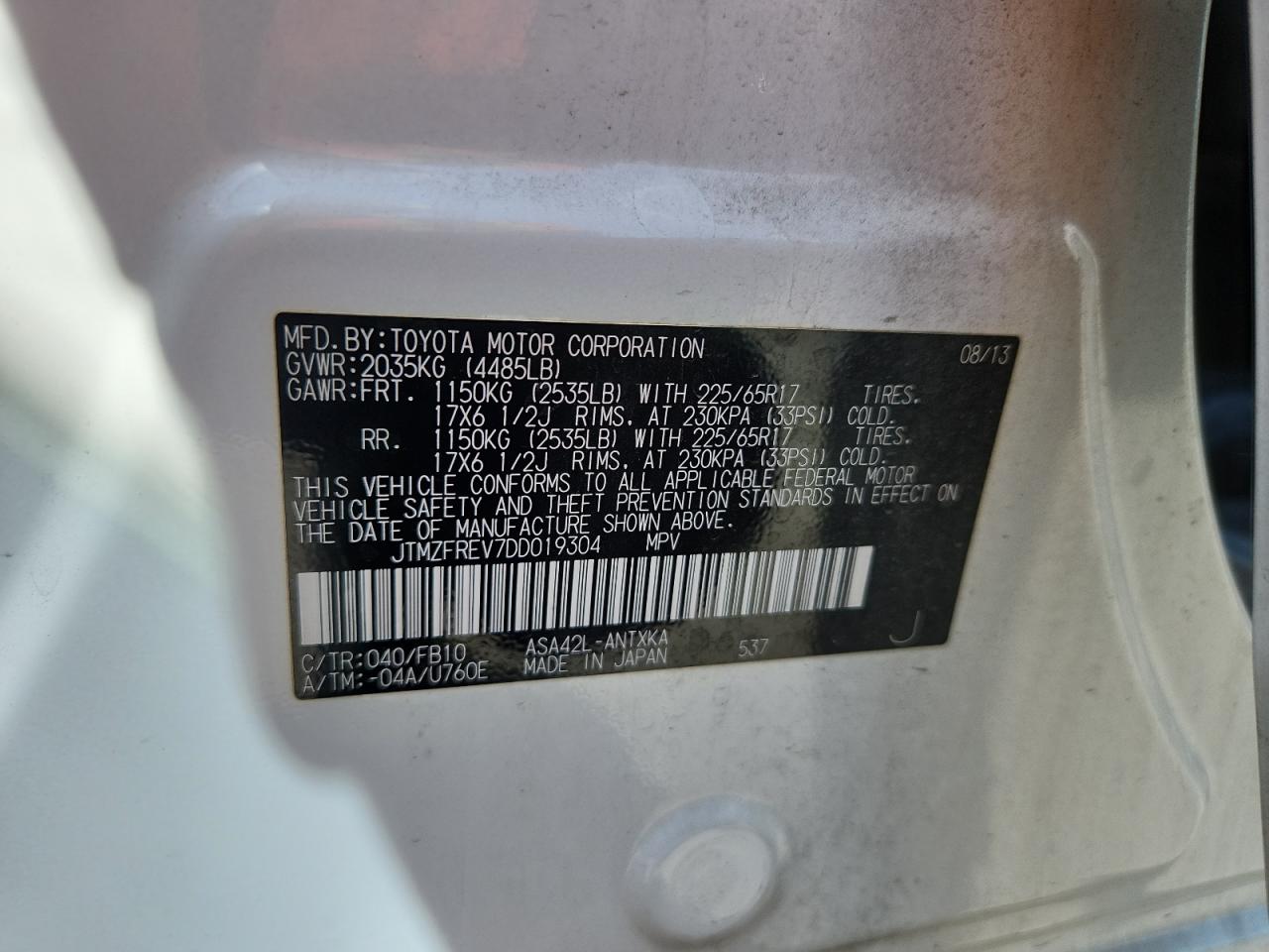 2013 Toyota Rav4 Le VIN: JTMZFREV7DD019304 Lot: 85598785