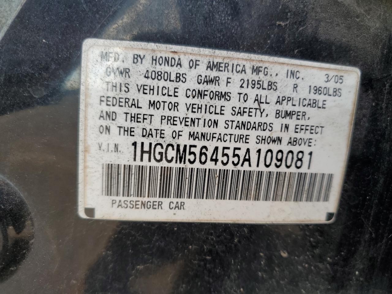 2005 Honda Accord Lx VIN: 1HGCM56455A109081 Lot: 90141915