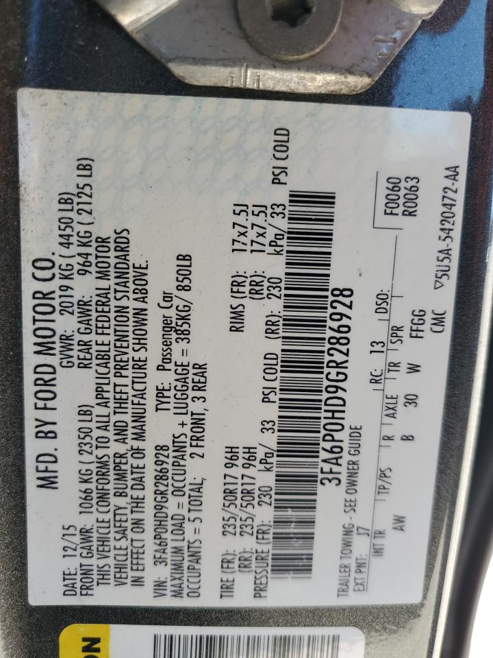 2016 Ford Fusion Se VIN: 3FA6P0HD9GR286928 Lot: 87025385