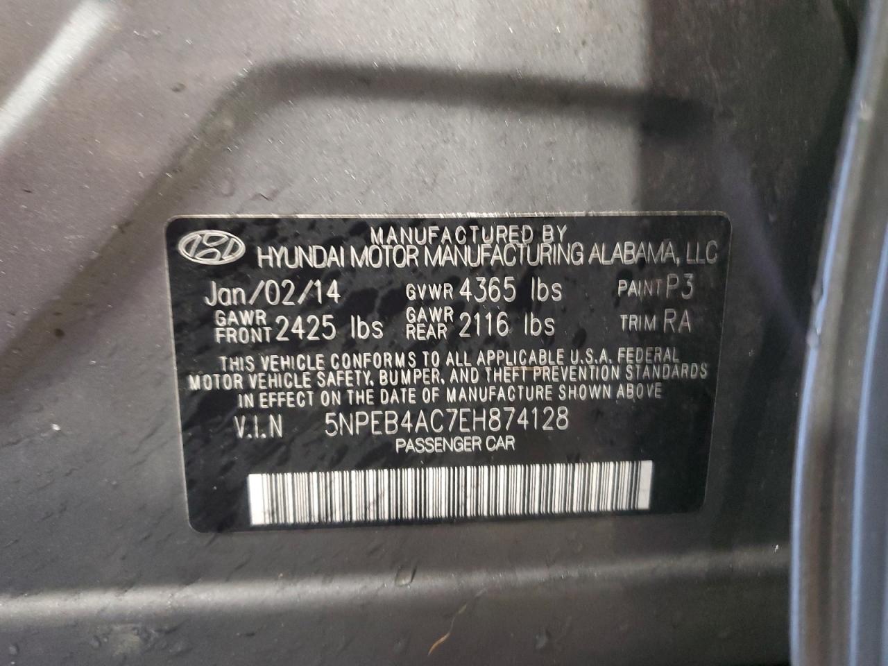 2014 Hyundai Sonata Gls VIN: 5NPEB4AC7EH874128 Lot: 86468025