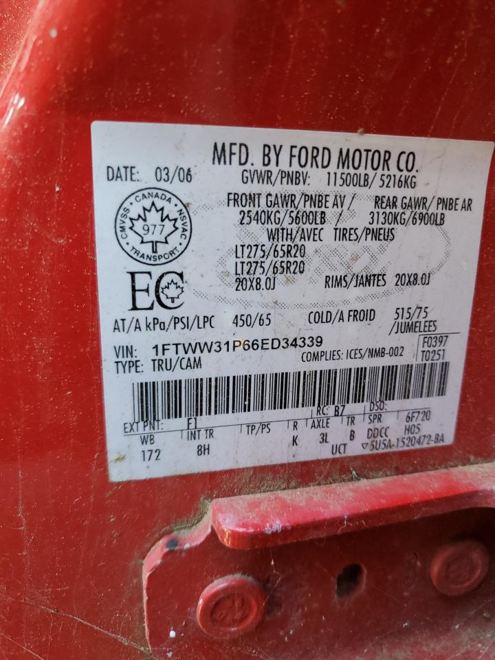 2006 Ford F350 Srw Super Duty VIN: 1FTWW31P66ED34339 Lot: 86104255