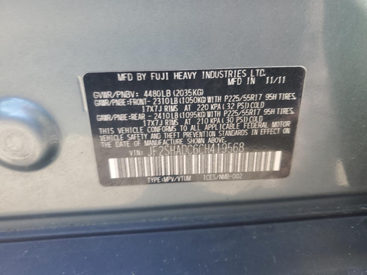 2012 Subaru Forester 2.5X Premium VIN: JF2SHADC6CH419568 Lot: 86185215