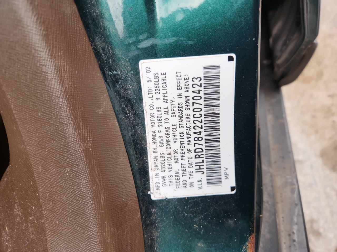 2002 Honda Cr-V Lx VIN: JHLRD78422C070423 Lot: 85763795