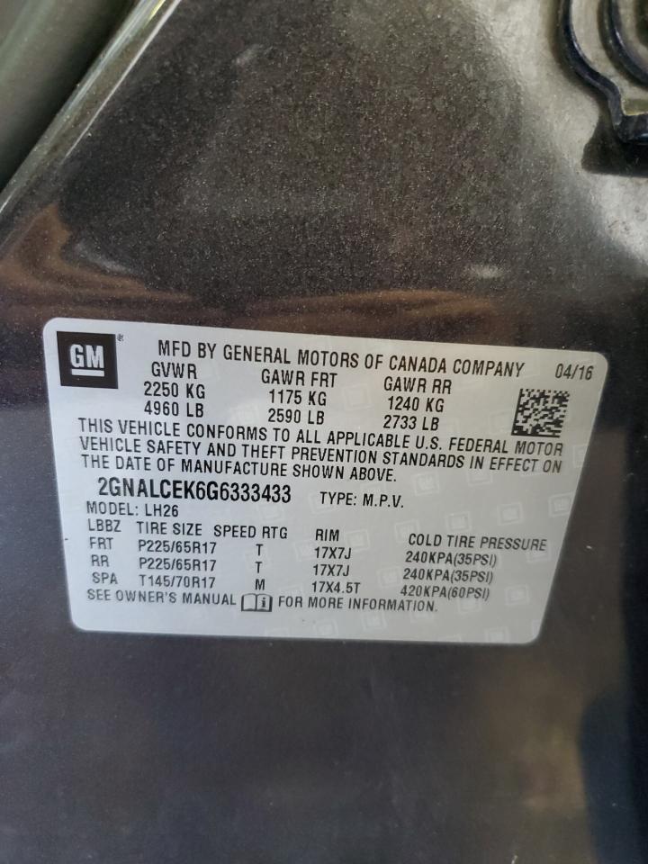 2016 Chevrolet Equinox Lt VIN: 2GNALCEK6G6333433 Lot: 85180525