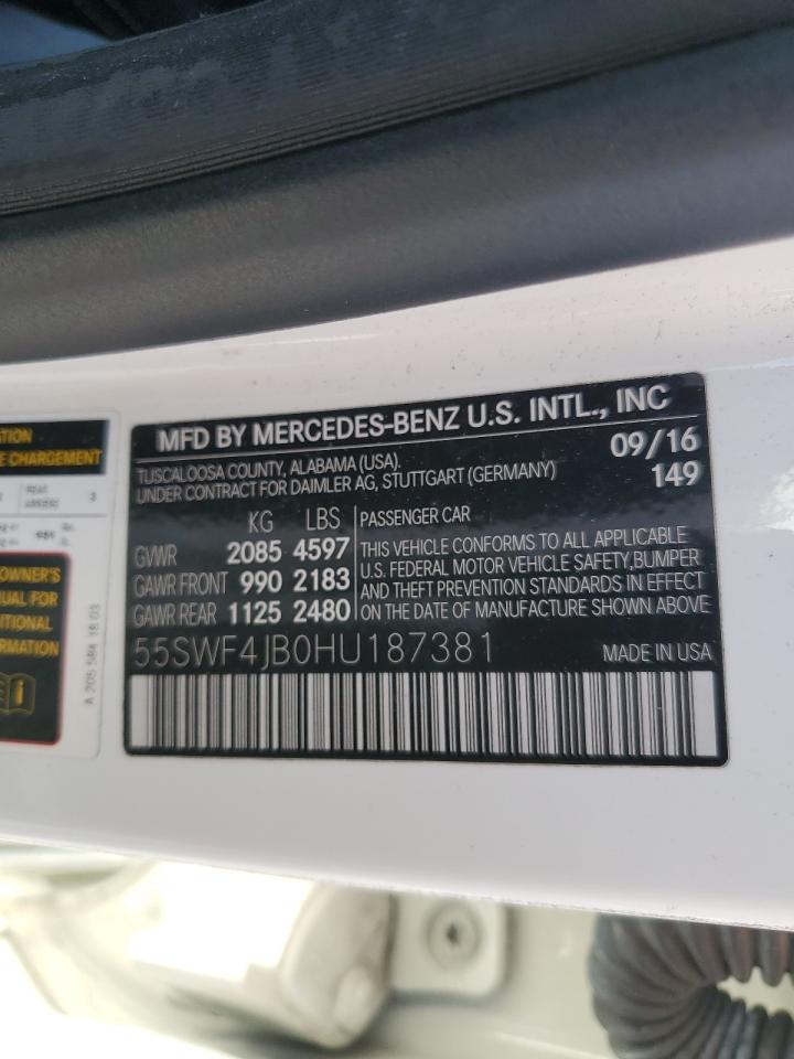 2017 Mercedes-Benz C 300 VIN: 55SWF4JB0HU187381 Lot: 87114765