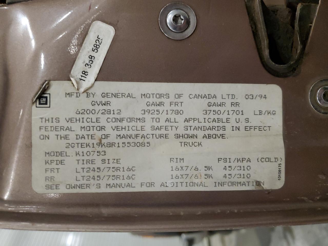 1994 GMC Sierra K1500 VIN: 2GTEK19K8R1553085 Lot: 89805645