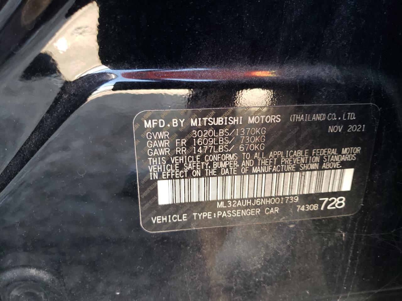 2022 Mitsubishi Mirage Es VIN: ML32AUHJ6NH001739 Lot: 81944095