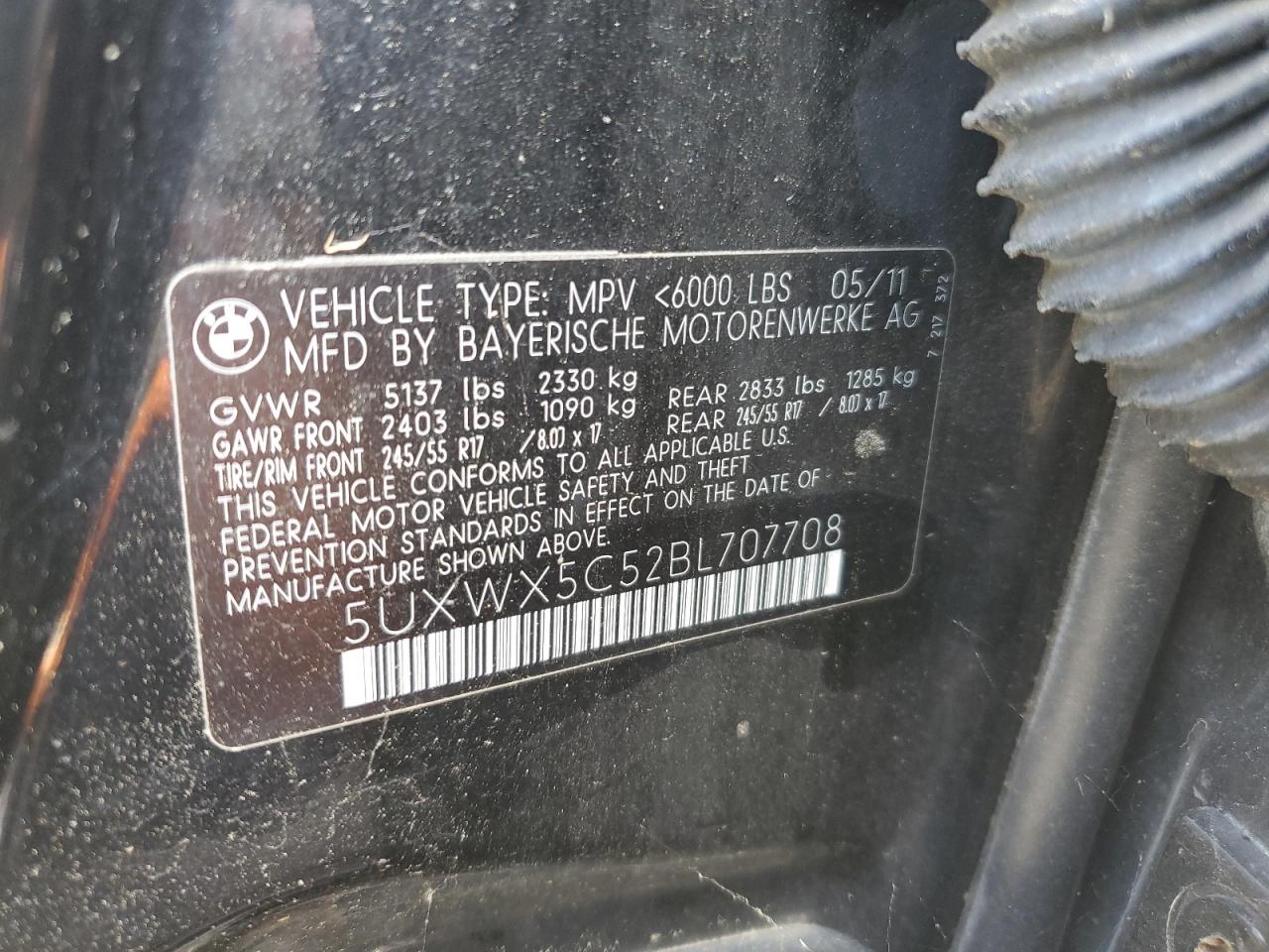 2011 BMW X3 xDrive28I VIN: 5UXWX5C52BL707708 Lot: 84751375