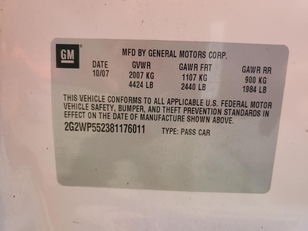 2008 Pontiac Grand Prix VIN: 2G2WP552381176011 Lot: 90858835