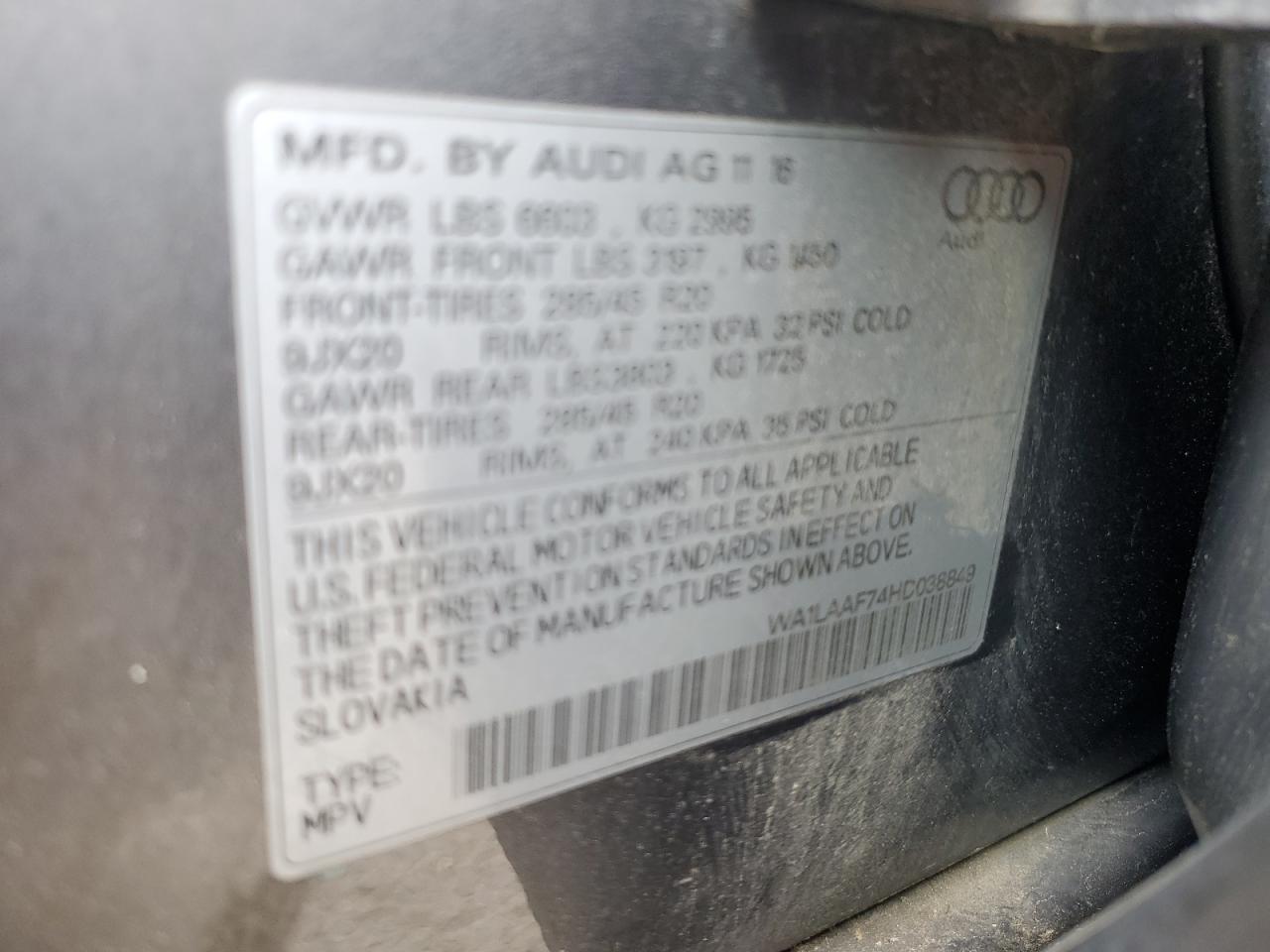 2017 Audi Q7 Premium Plus VIN: WA1LAAF74HD038849 Lot: 90309995