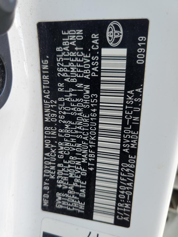 2012 Toyota Camry Base VIN: 4T1BF1FK0CU164153 Lot: 86254365