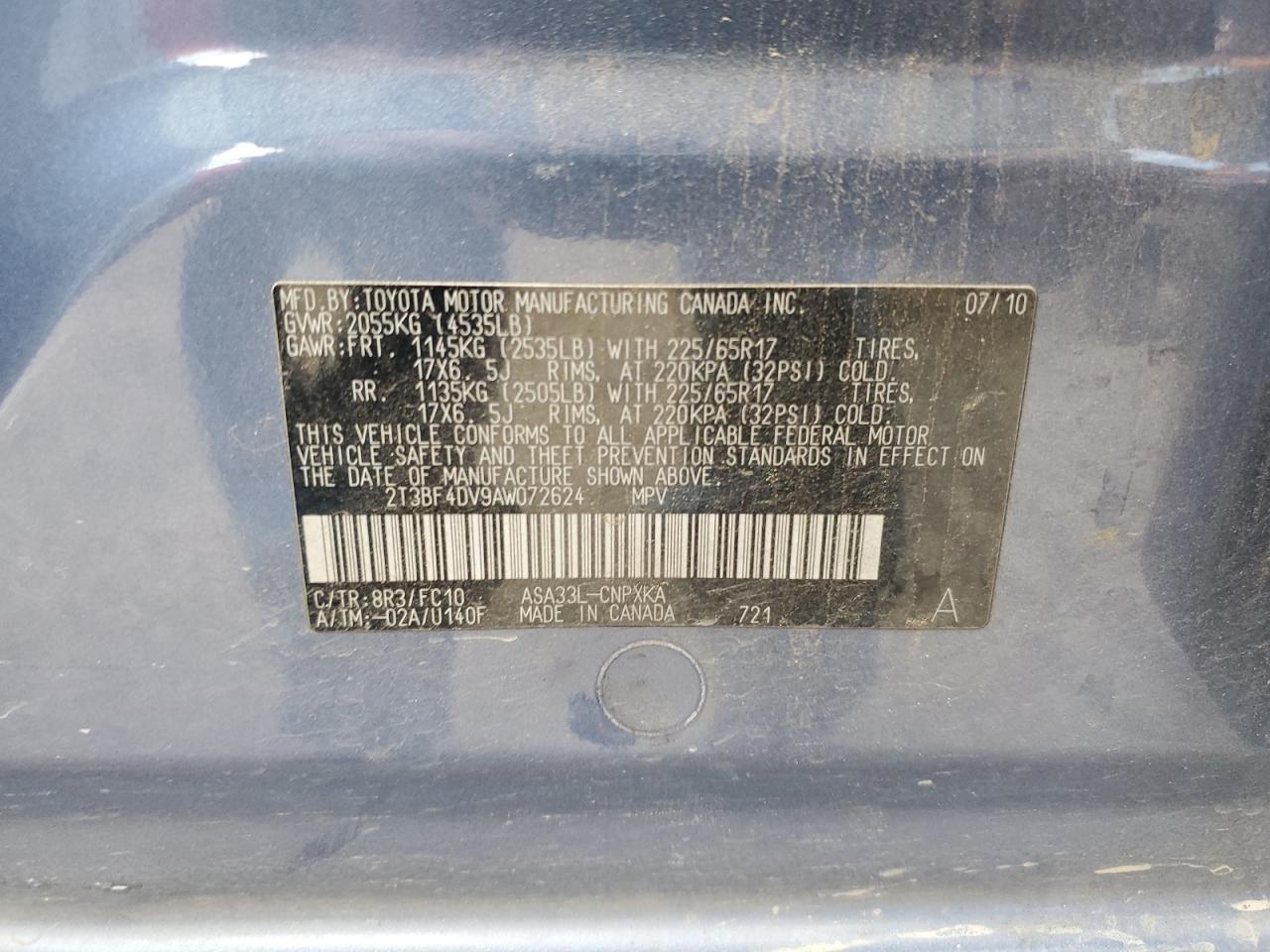 2010 Toyota Rav4 VIN: 2T3BF4DV9AW072624 Lot: 85910085