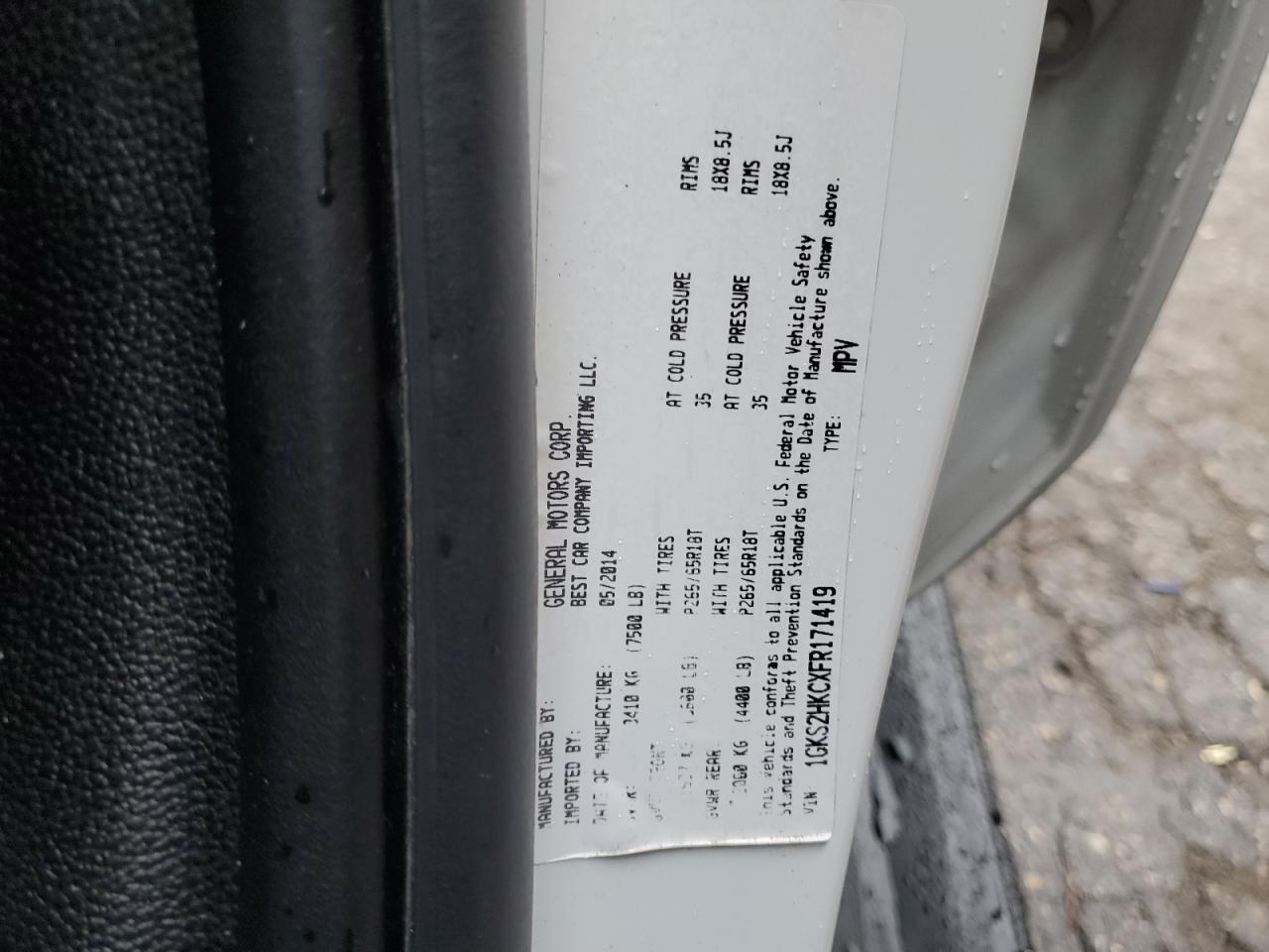 2015 GMC Yukon Xl K1500 Slt VIN: 1GKS2HKCXFR171419 Lot: 85669765