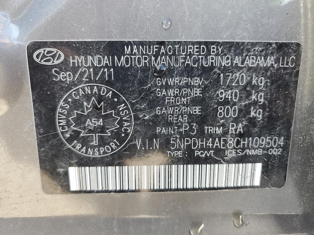 2012 Hyundai Elantra Gls VIN: 5NPDH4AE8CH109504 Lot: 85539065