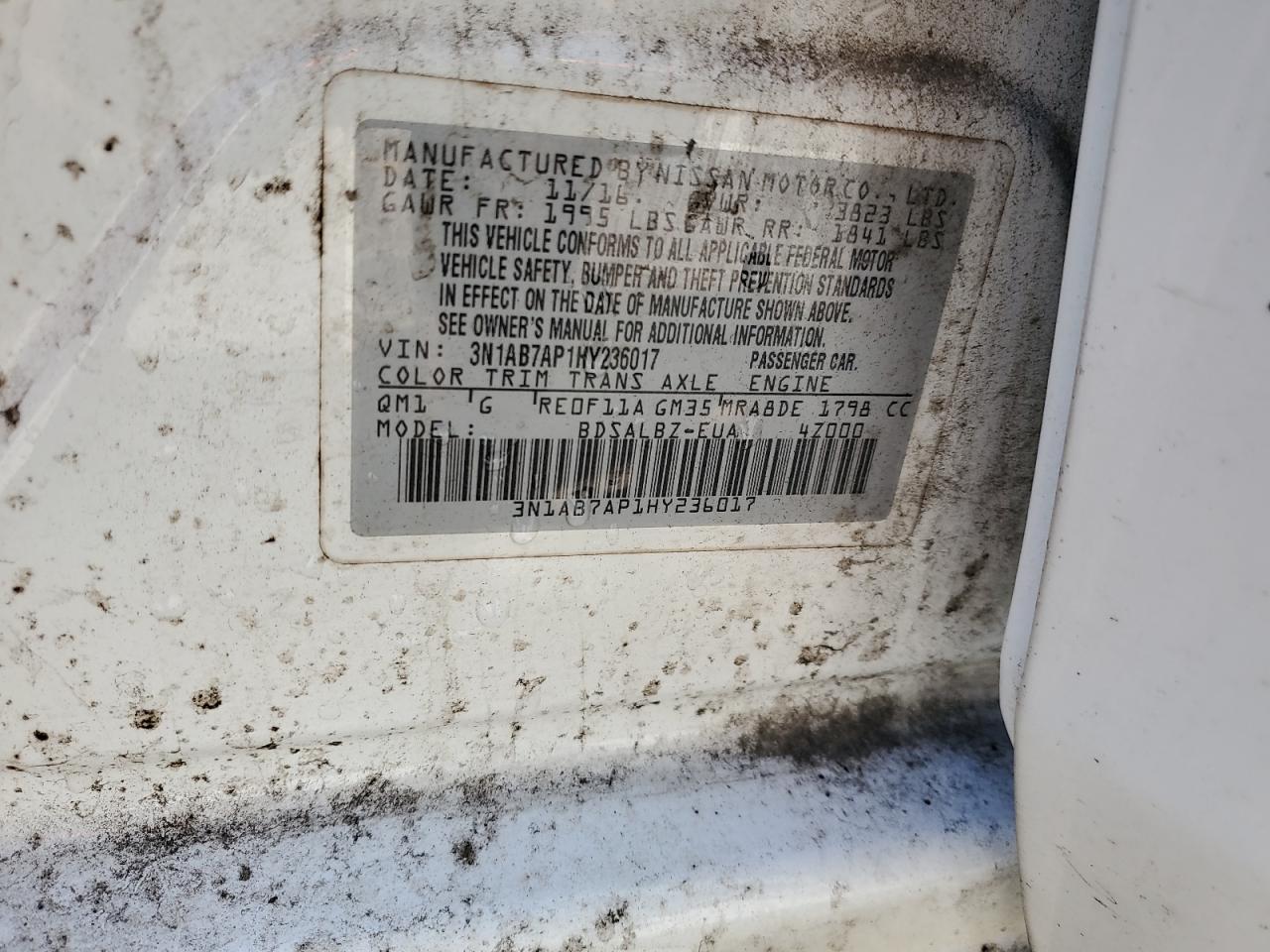 2017 Nissan Sentra S VIN: 3N1AB7AP1HY236017 Lot: 91014665