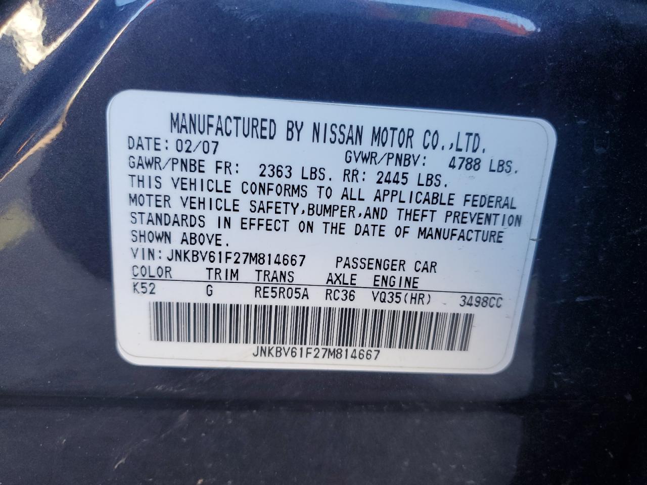 2007 Infiniti G35 VIN: JNKBV61F27M814667 Lot: 84870885