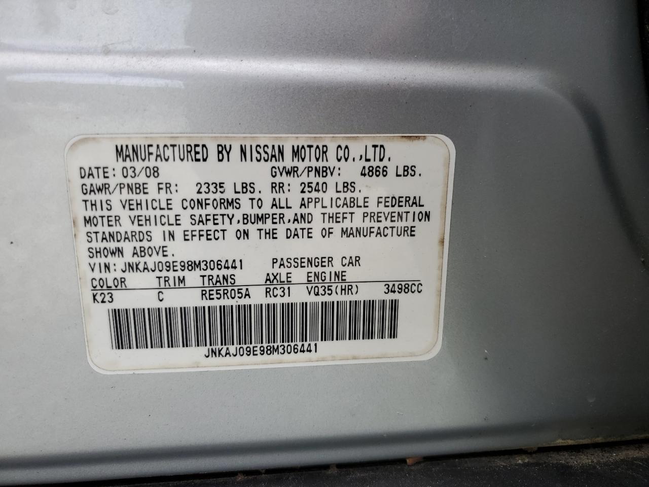 2008 Infiniti Ex35 Base VIN: JNKAJ09E98MJ30644 Lot: 81902655