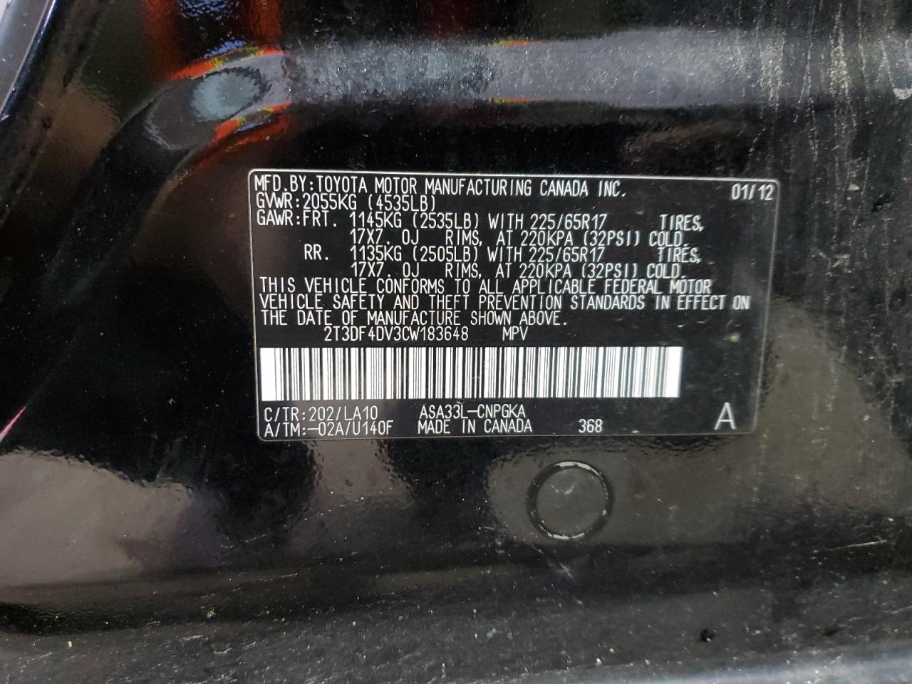 2012 Toyota Rav4 Limited VIN: 2T3DF4DV3CW183648 Lot: 83811675