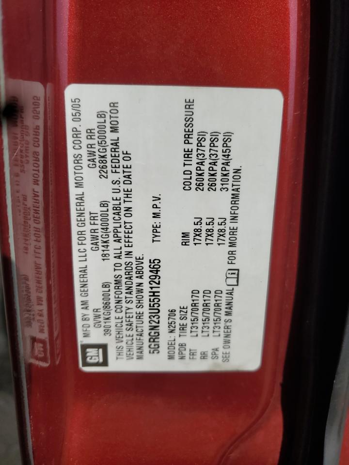 2005 Hummer H2 VIN: 5GRGN23U55H129465 Lot: 87251695